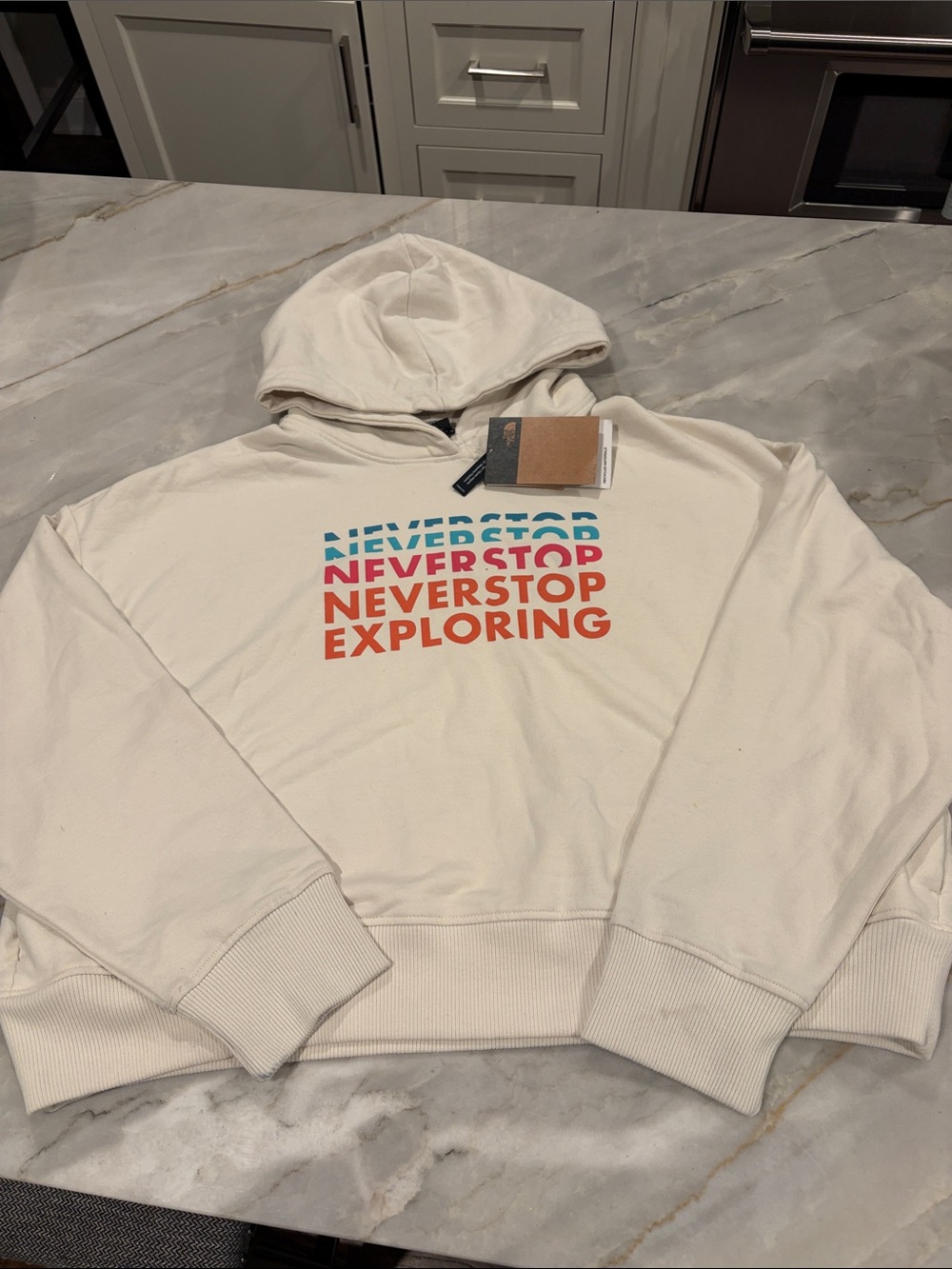 NWT North Face Cropped ‘Never Stop Exploring’ Cream Hoodie with Pockets, XL